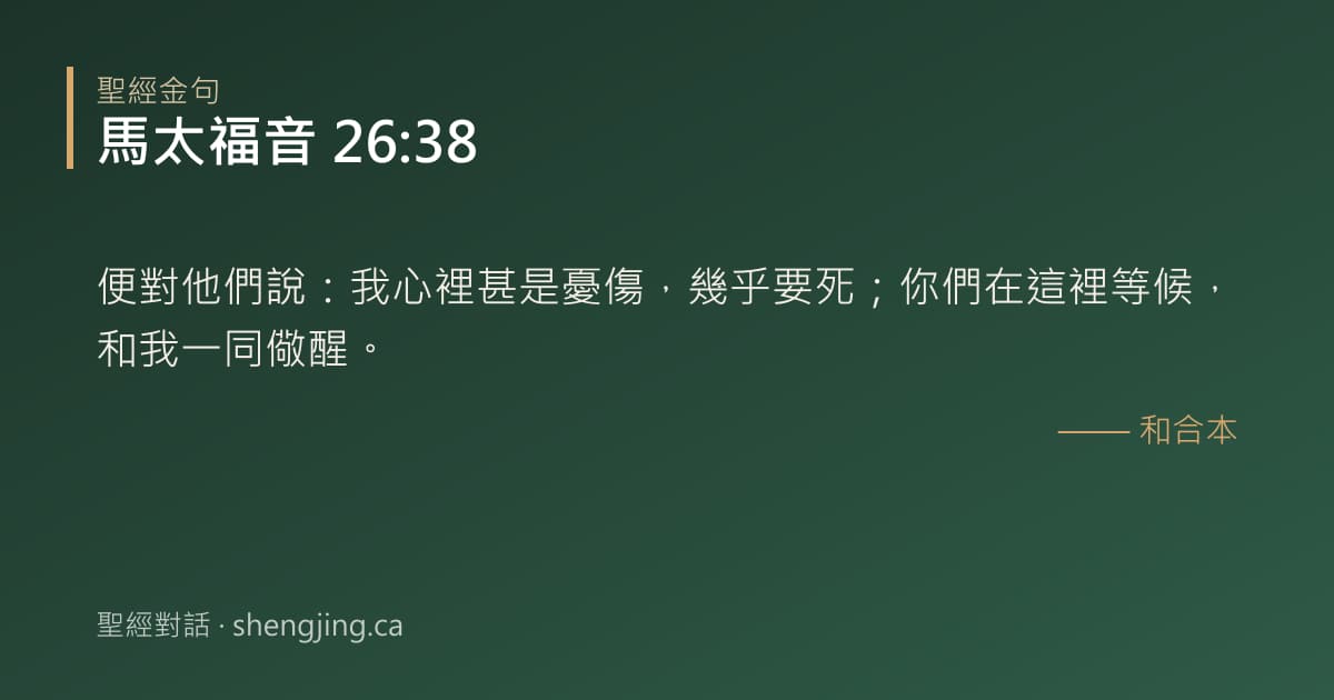 馬太福音 26:38 經文圖片:便對他們說：我心裡甚是憂傷，幾乎要死；你們在這裡等候，和我一同儆醒。