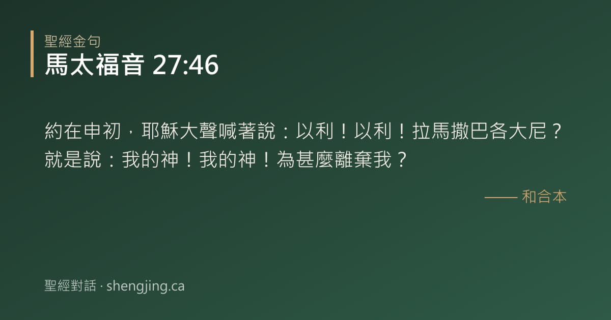 馬太福音 27:46 經文圖片:約在申初，耶穌大聲喊著說：以利！以利！拉馬撒巴各大尼？就是說：我的神！我的神！為