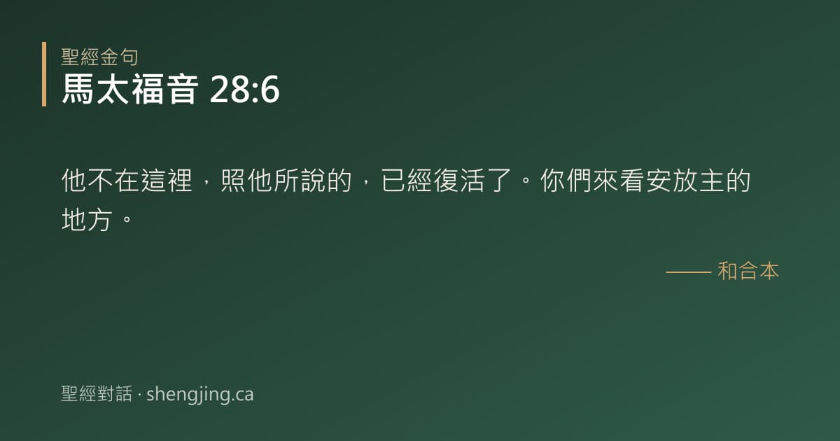 馬太福音 28:6 經文圖片:他不在這裡，照他所說的，已經復活了。你們來看安放主的地方。