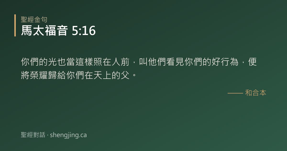 馬太福音 5:16 經文圖片:你們的光也當這樣照在人前，叫他們看見你們的好行為，便將榮耀歸給你們在天上的父。