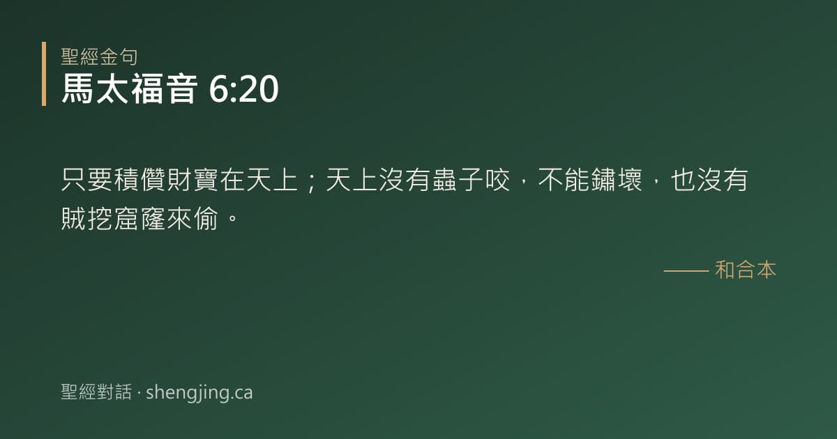 馬太福音 6:20 經文圖片:只要積儹財寶在天上；天上沒有蟲子咬，不能鏽壞，也沒有賊挖窟窿來偷。