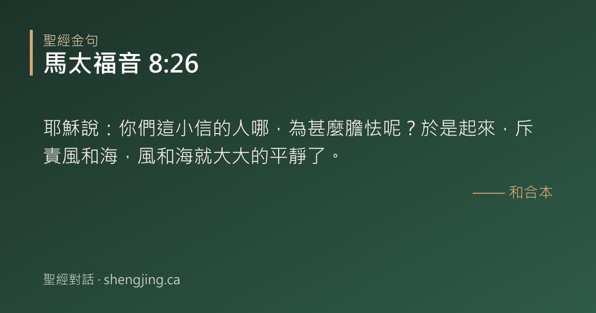 馬太福音 8:26 經文圖片:耶穌說：你們這小信的人哪，為甚麼膽怯呢？於是起來，斥責風和海，風和海就大大的平靜