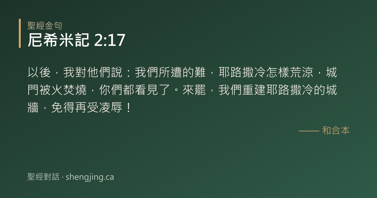 尼希米記 2:17 經文圖片:以後，我對他們說：我們所遭的難，耶路撒冷怎樣荒涼，城門被火焚燒，你們都看見了。來