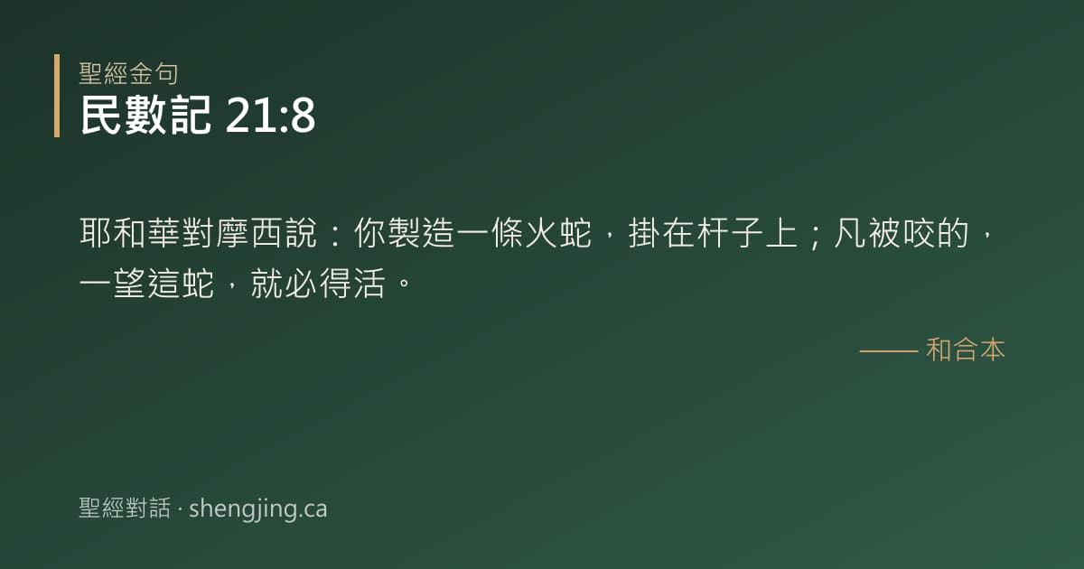 民數記 21:8 經文圖片:耶和華對摩西說：你製造一條火蛇，掛在杆子上；凡被咬的，一望這蛇，就必得活。