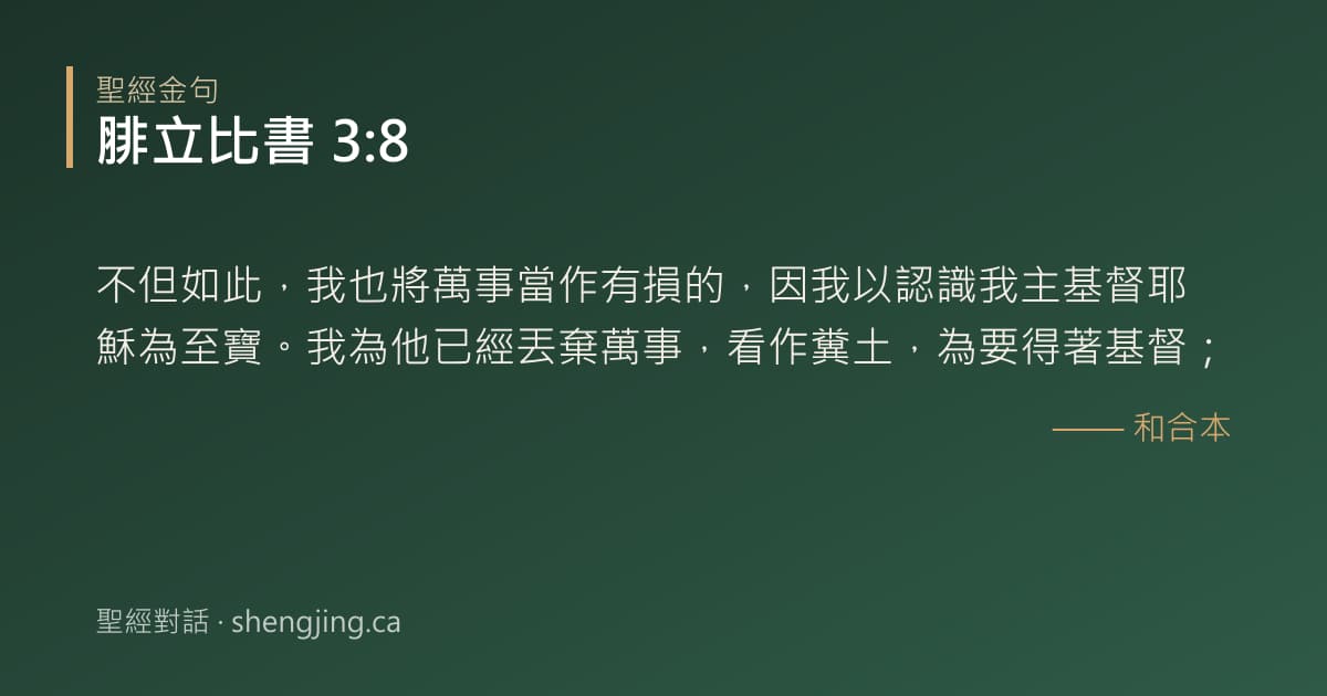 腓立比書 3:8 經文圖片:不但如此，我也將萬事當作有損的，因我以認識我主基督耶穌為至寶。我為他已經丟棄萬事