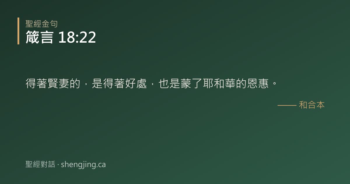 箴言 18:22 經文圖片:得著賢妻的，是得著好處，也是蒙了耶和華的恩惠。