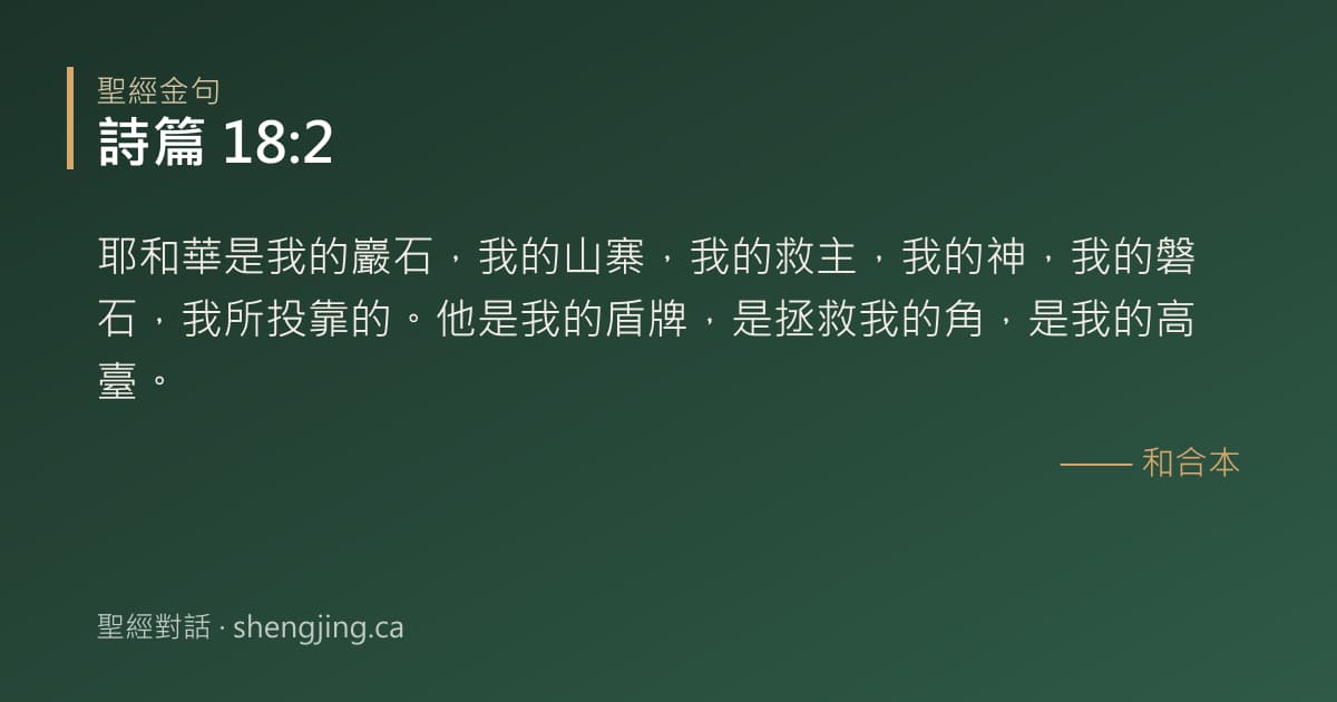 詩篇 18:2 經文圖片:耶和華是我的巖石，我的山寨，我的救主，我的神，我的磐石，我所投靠的。他是我的盾牌