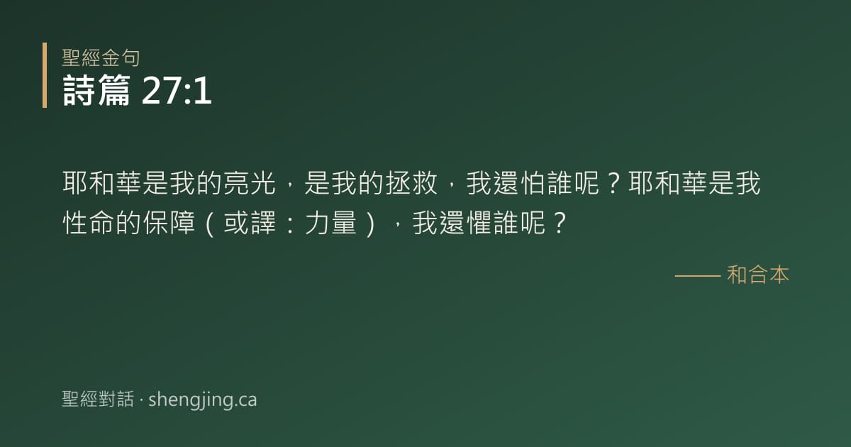 詩篇 27:1 經文圖片:耶和華是我的亮光，是我的拯救，我還怕誰呢？耶和華是我性命的保障（或譯：力量），我