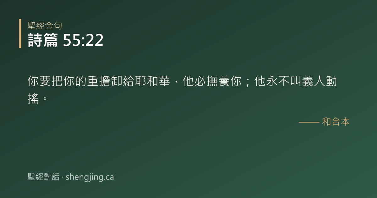 詩篇 55:22 經文圖片:你要把你的重擔卸給耶和華，他必撫養你；他永不叫義人動搖。