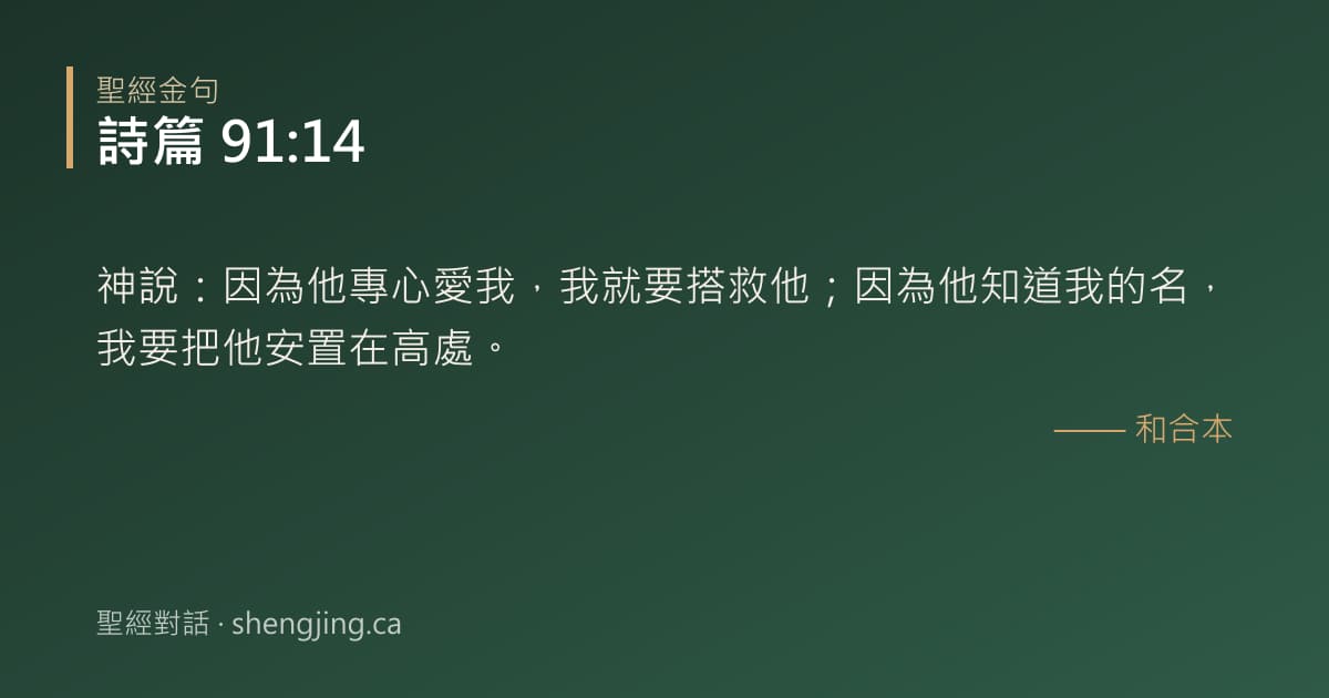 詩篇 91:14 經文圖片:神說：因為他專心愛我，我就要搭救他；因為他知道我的名，我要把他安置在高處。