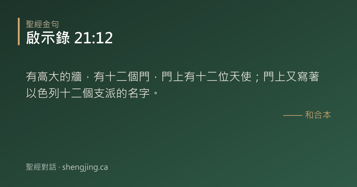 啟示錄 21:12 經文圖片:有高大的牆，有十二個門，門上有十二位天使；門上又寫著以色列十二個支派的名字。