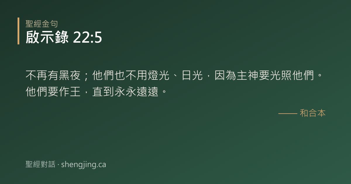 啟示錄 22:5 經文圖片:不再有黑夜；他們也不用燈光、日光，因為主神要光照他們。他們要作王，直到永永遠遠。