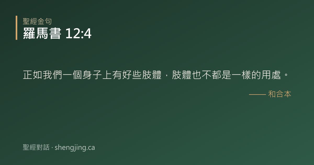 羅馬書 12:4 經文圖片:正如我們一個身子上有好些肢體，肢體也不都是一樣的用處。