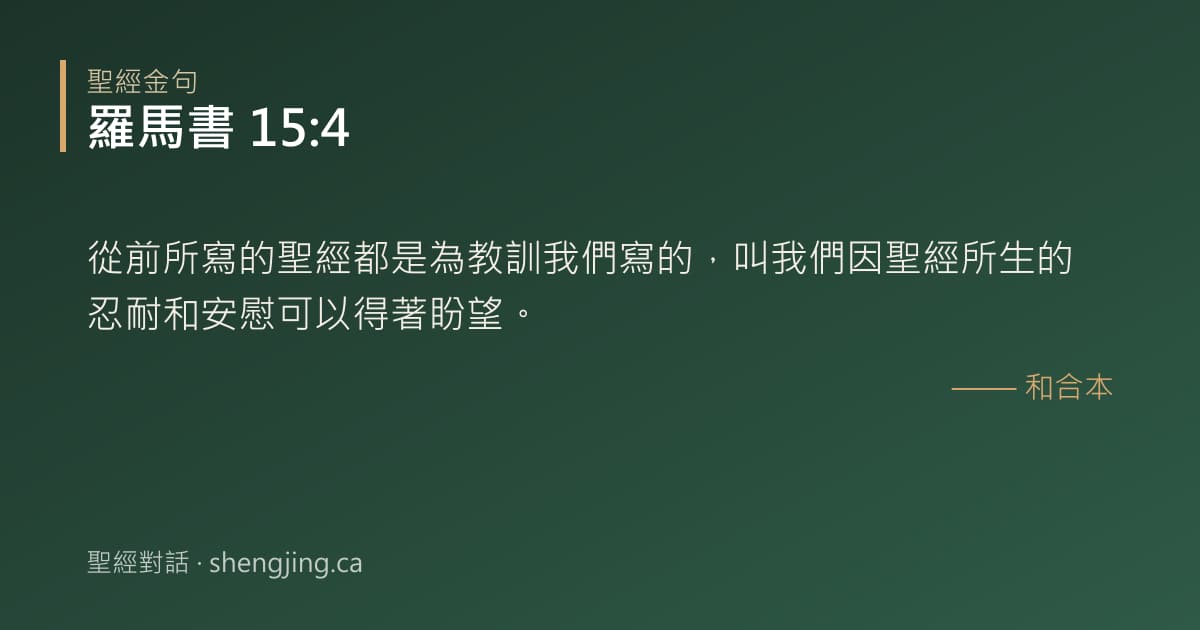 羅馬書 15:4 經文圖片:從前所寫的聖經都是為教訓我們寫的，叫我們因聖經所生的忍耐和安慰可以得著盼望。
