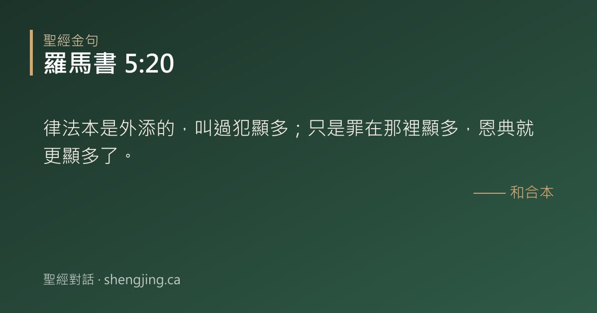羅馬書 5:20 經文圖片:律法本是外添的，叫過犯顯多；只是罪在那裡顯多，恩典就更顯多了。
