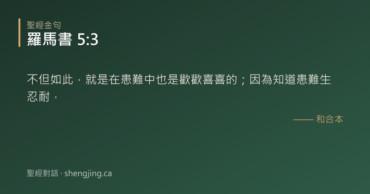 羅馬書 5:3 經文圖片:不但如此，就是在患難中也是歡歡喜喜的；因為知道患難生忍耐，