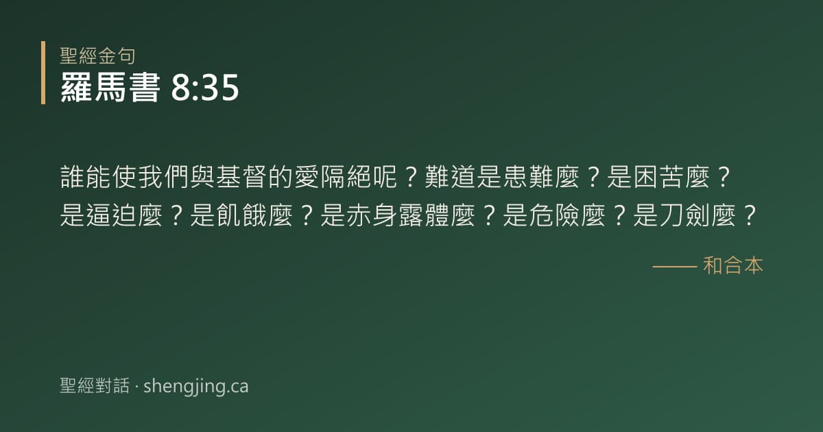 羅馬書 8:35 經文圖片:誰能使我們與基督的愛隔絕呢？難道是患難麼？是困苦麼？是逼迫麼？是飢餓麼？是赤身露
