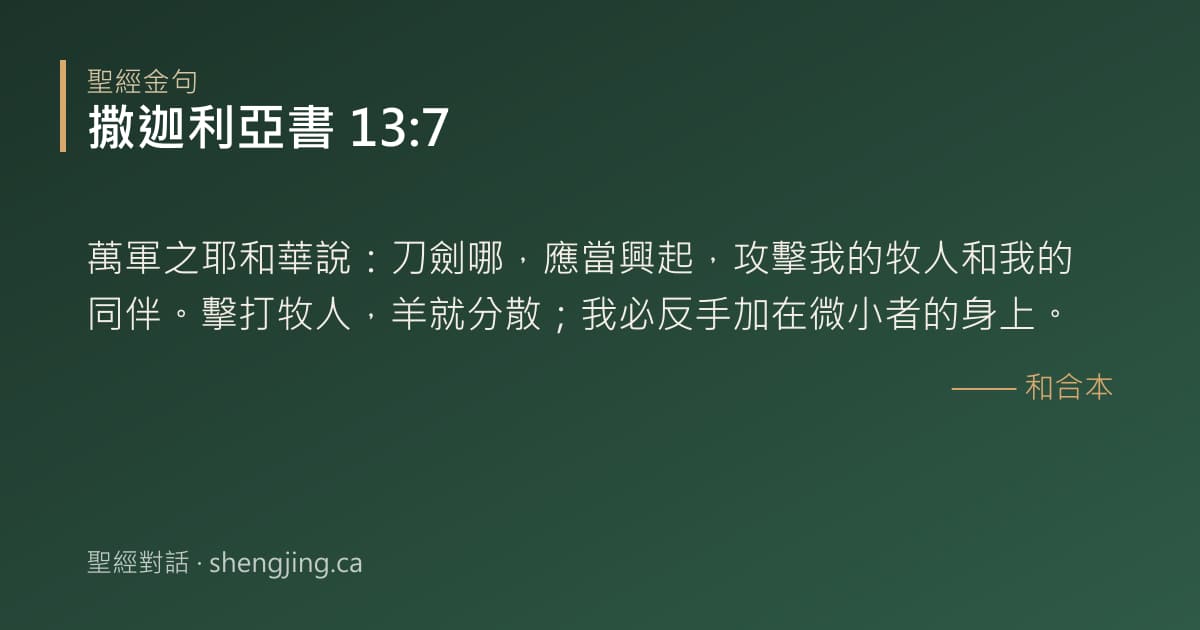 撒迦利亞書 13:7 經文圖片:萬軍之耶和華說：刀劍哪，應當興起，攻擊我的牧人和我的同伴。擊打牧人，羊就分散；我
