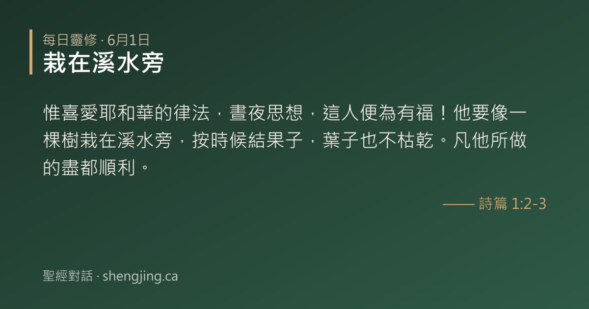 6月1日 每日靈修經文圖片:栽在溪水旁(詩篇 1:2-3)