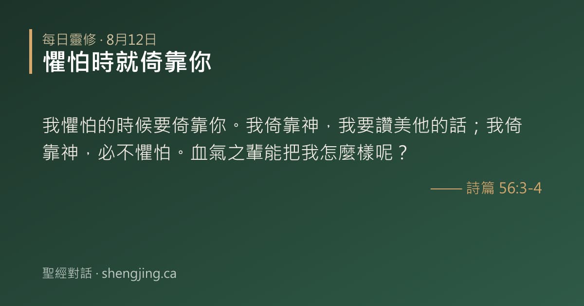 8月12日 每日靈修經文圖片:懼怕時就倚靠你(詩篇 56:3-4)