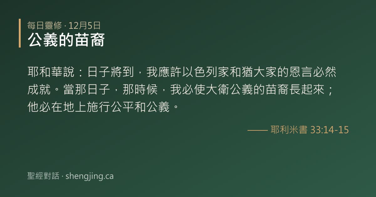 12月5日 每日靈修經文圖片:公義的苗裔(耶利米書 33:14-15)