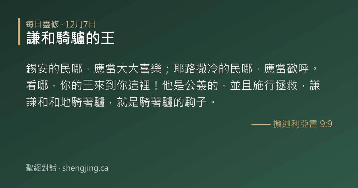 12月7日 每日靈修經文圖片:謙和騎驢的王(撒迦利亞書 9:9)